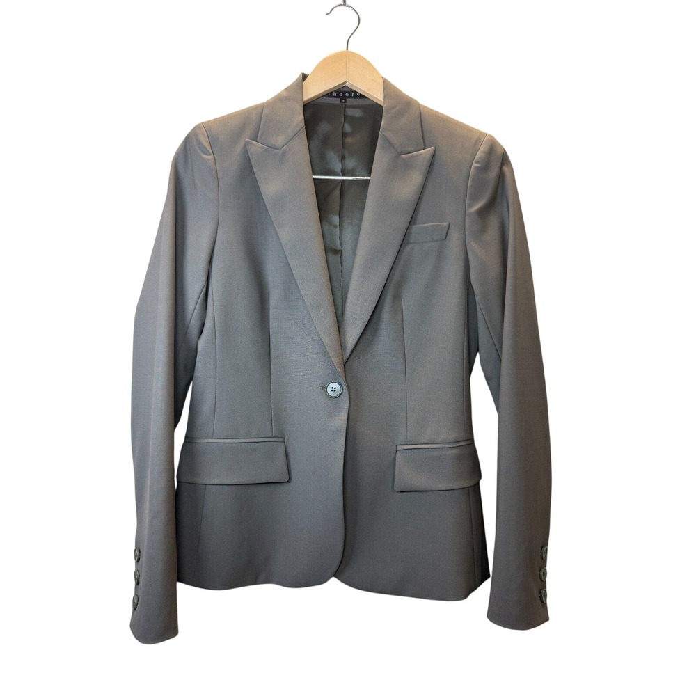 Theory Blazer Women 6 Gray Wool Blend Single Button Professional Career